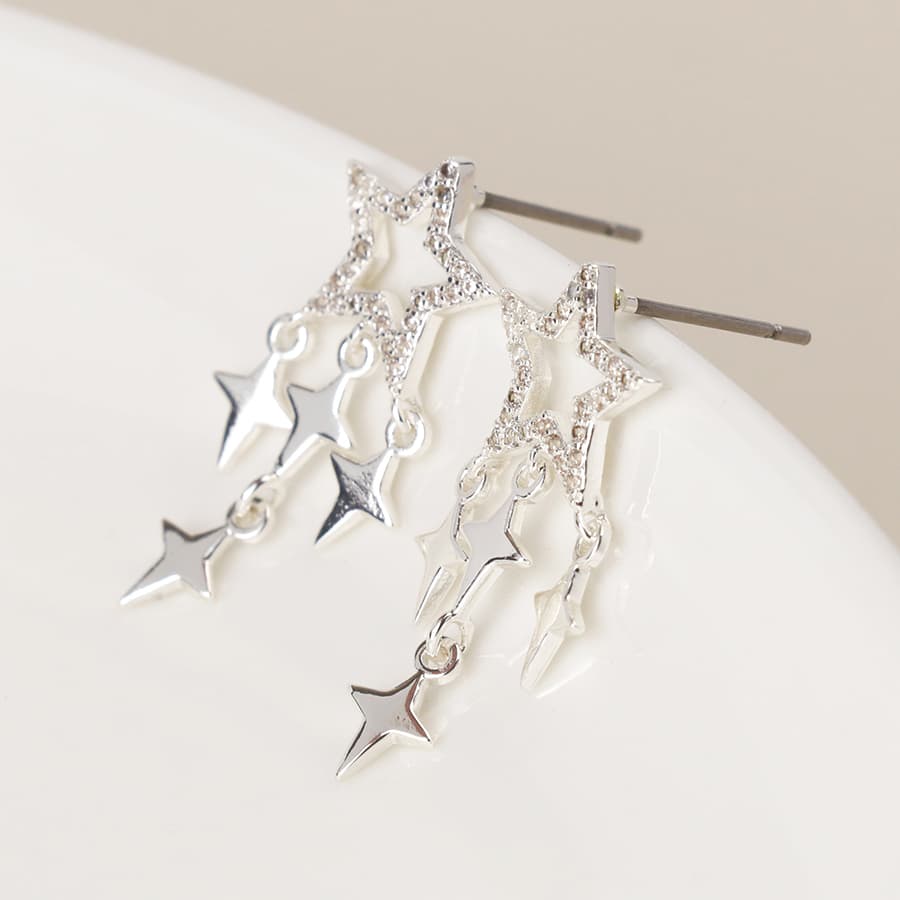 Silver plated crystal star and star drops earrings