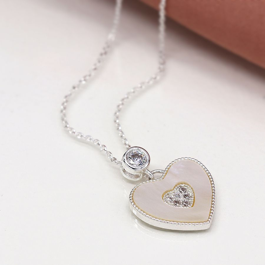 Silver plated and shell heart necklace with crystal detail 4145