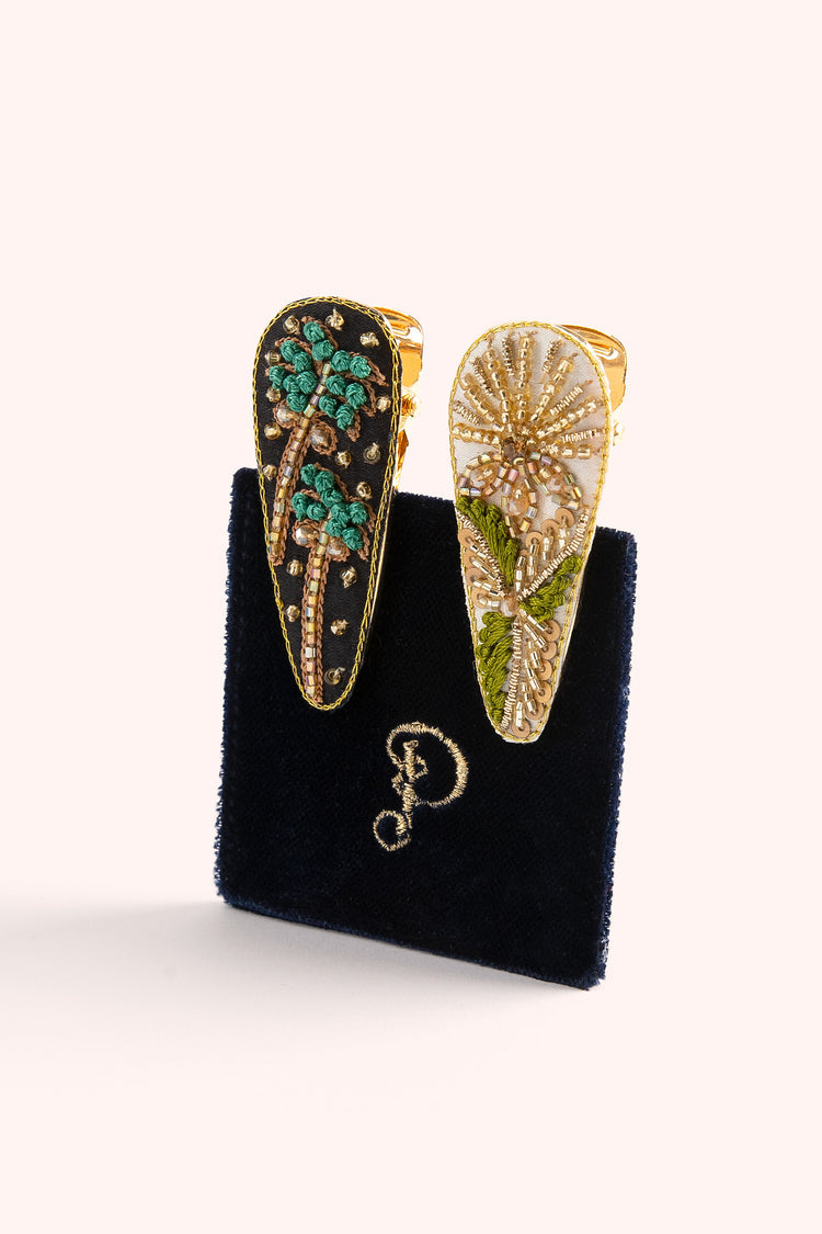 HAIRCLIPS - MIDNIGHT TREES & CHAMPAGNE FLOWER