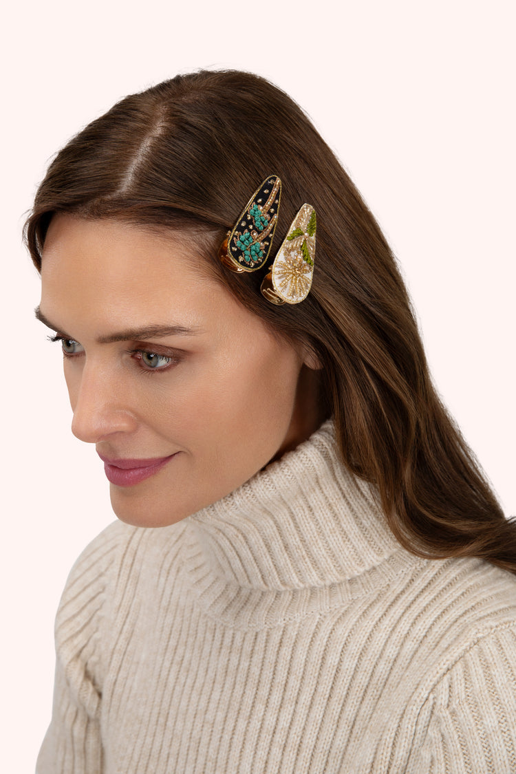 HAIRCLIPS - MIDNIGHT TREES & CHAMPAGNE FLOWER