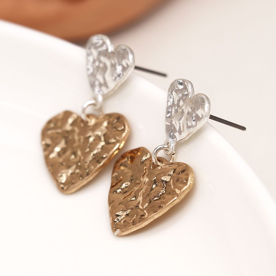 Double beaten heart earrings in gold and silver 3756