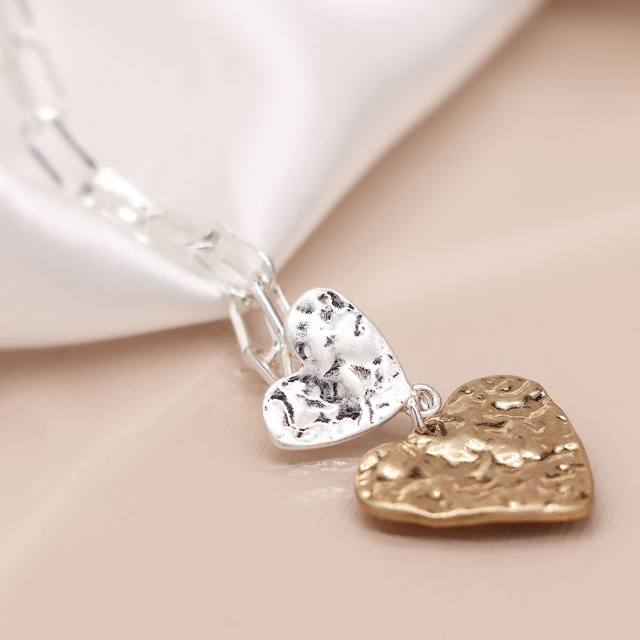 Silver link necklace with silver and gold beaten hearts 3757