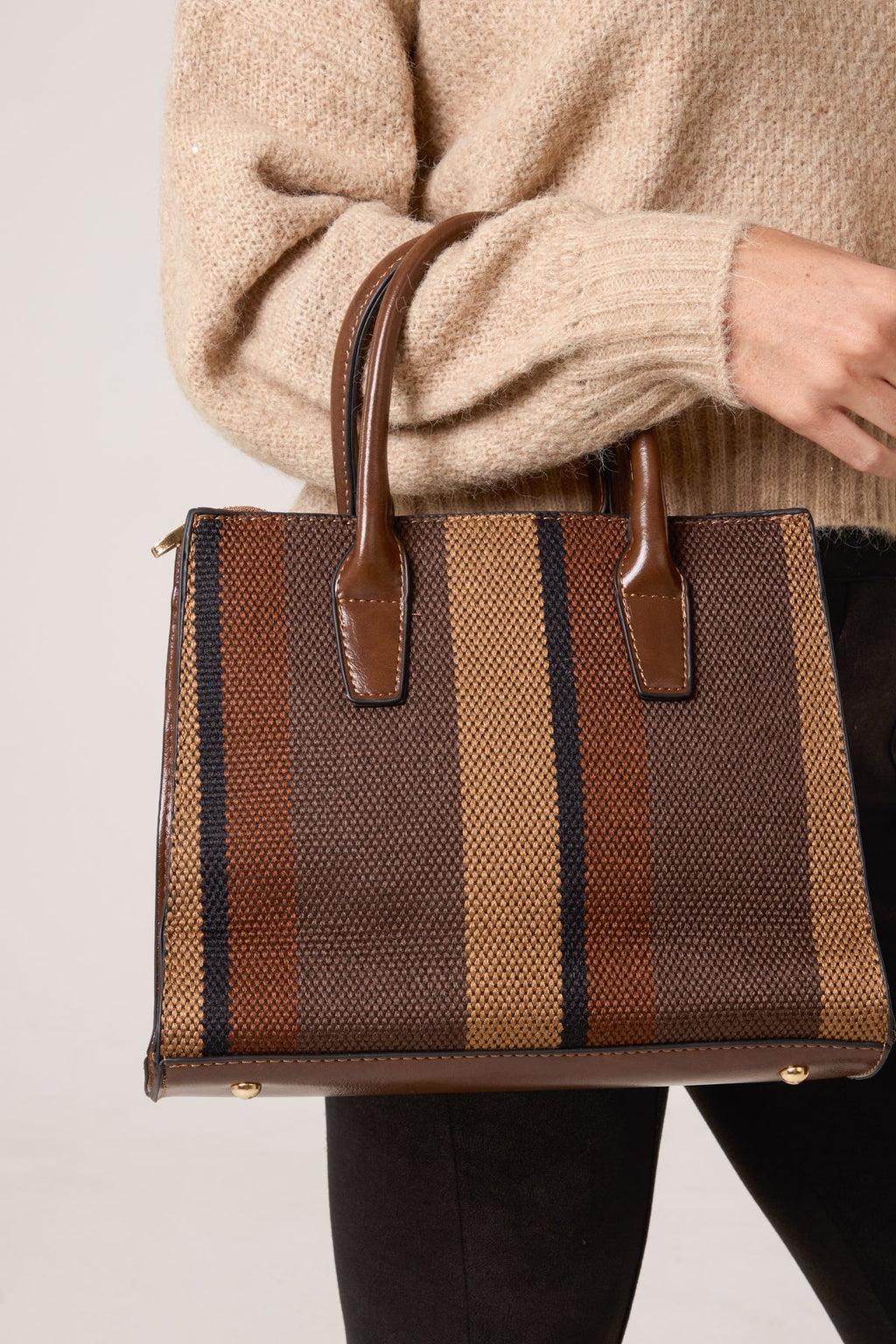 COFFEE CANVAS STRIPE HANDBAG W/ STRAP & CLUTCH PURSE