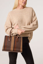 COFFEE CANVAS STRIPE HANDBAG W/ STRAP & CLUTCH PURSE