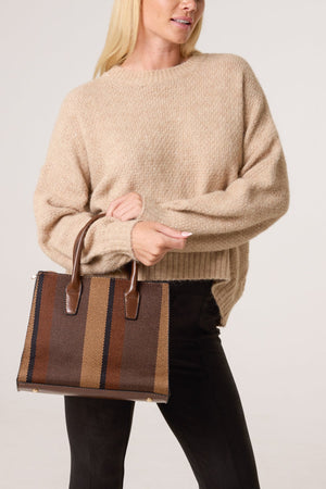 COFFEE CANVAS STRIPE HANDBAG W/ STRAP & CLUTCH PURSE