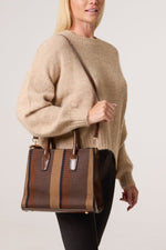 COFFEE CANVAS STRIPE HANDBAG W/ STRAP & CLUTCH PURSE