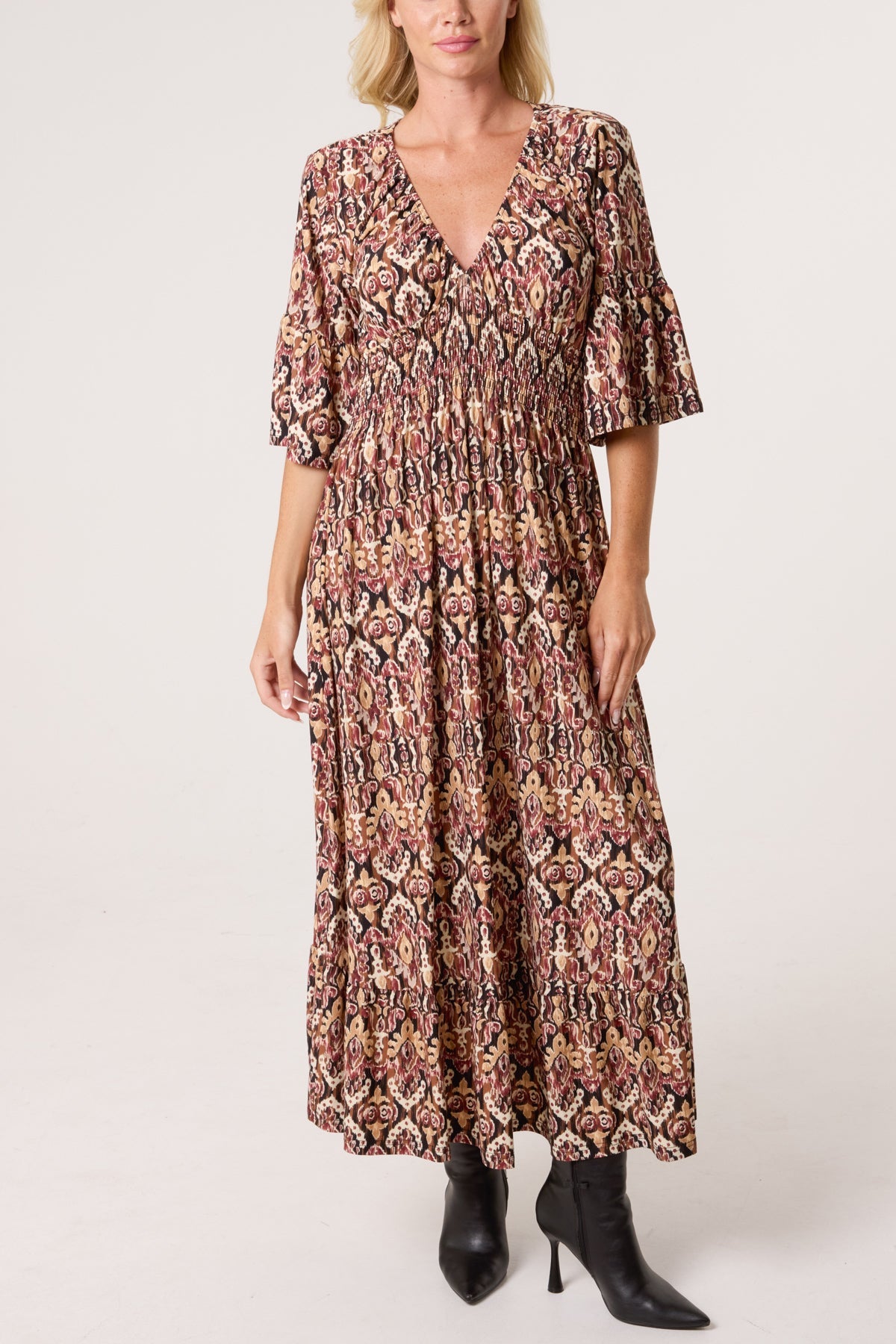 AZTEC PRINT SHIRRED WAIST STRETCH DRESS