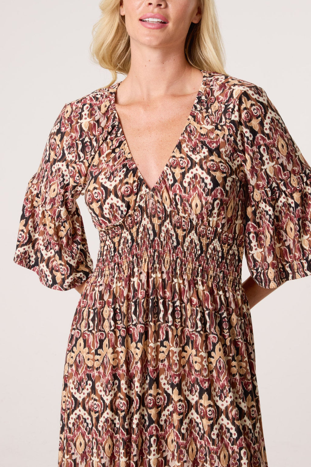 AZTEC PRINT SHIRRED WAIST STRETCH DRESS