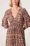 AZTEC PRINT SHIRRED WAIST STRETCH DRESS