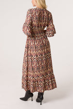 AZTEC PRINT SHIRRED WAIST STRETCH DRESS