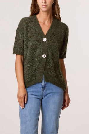 Pointelle Knit Short Sleeve Cardigan
