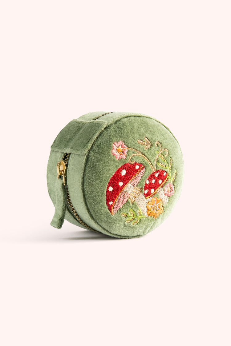 ROUND VELVET JEWELLERY BOX - TOADSTOOLS