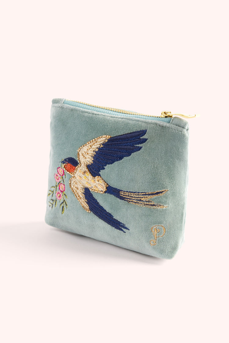 EMBROIDERED VELVET MINI POUCH - SWOOPING SWALLOWS