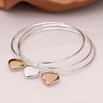 Silver plated triple bangle with large mixed metallic hearts 3773