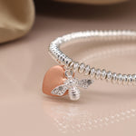 Silver plated fine bead bracelet with rose gold heart and bee