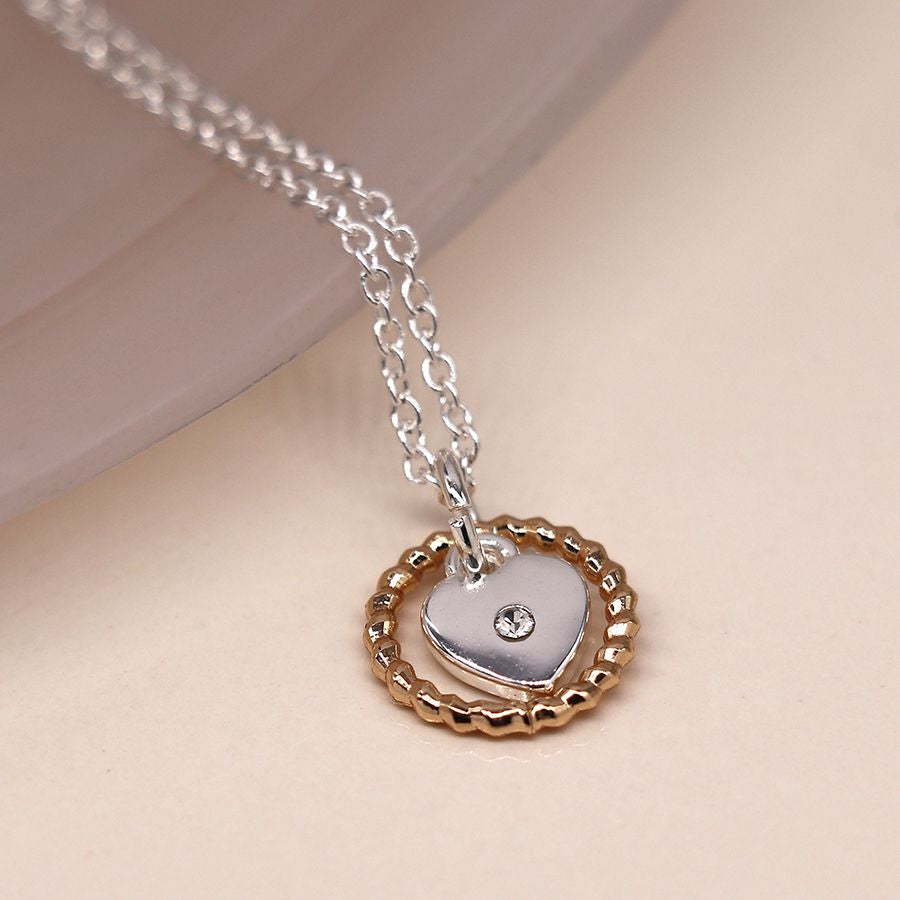 Silver plated necklace with heart and golden twist hoop 3909