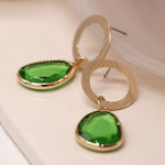 Golden scratched circle and green drop earrings 3904