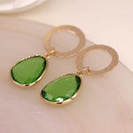 Golden scratched circle and green drop earrings 3904