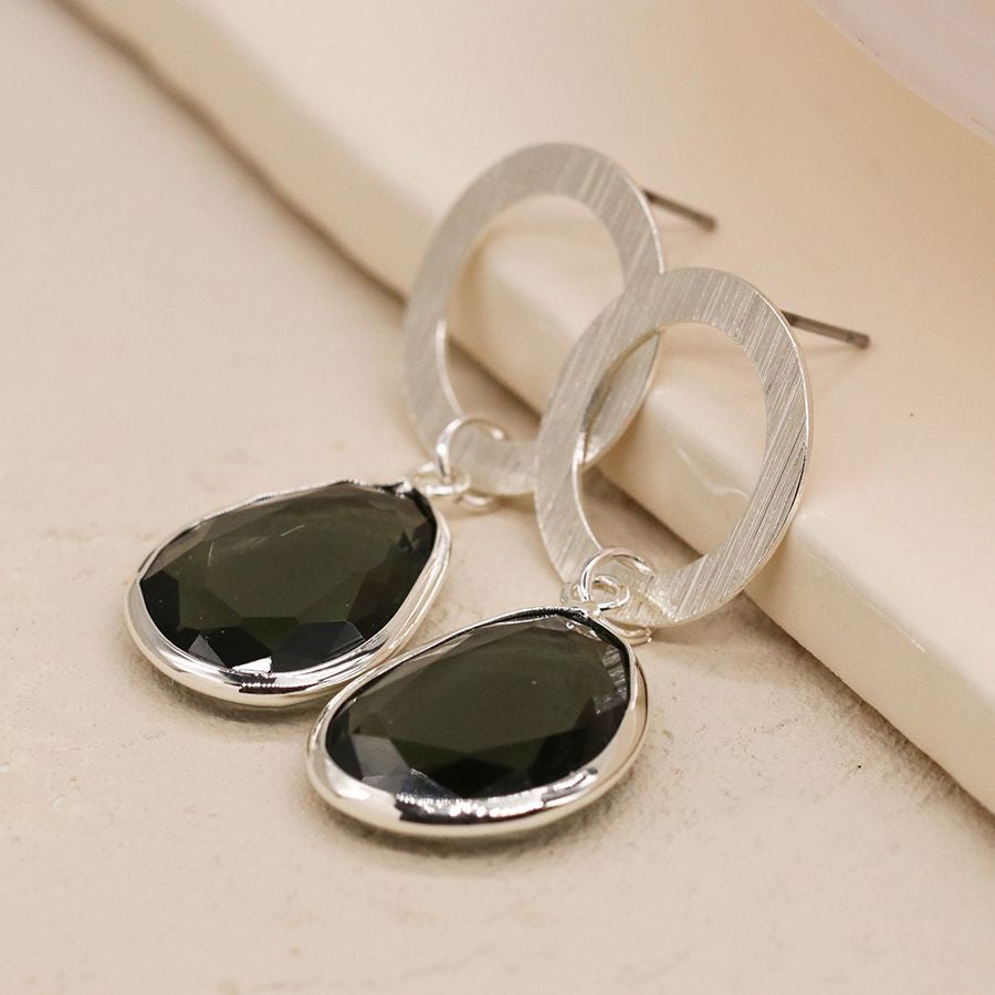 Silver plated scratched circle and smoky drop earrings 3905