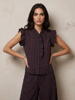 Gingham Frill Cap Sleeve Top – Navy