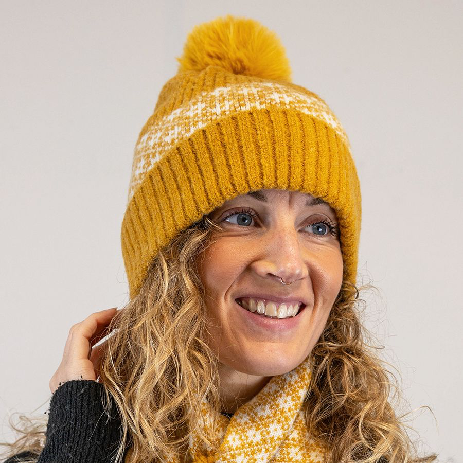 Recycled blend mustard and white Scandi flower bobble hat 40533