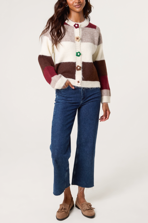 STRIPED FLOWER BUTTON KNIT CARDIGAN