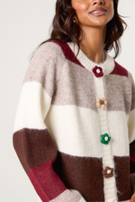 STRIPED FLOWER BUTTON KNIT CARDIGAN