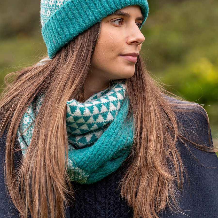 Teal and white mixed knit scandi snood 52767