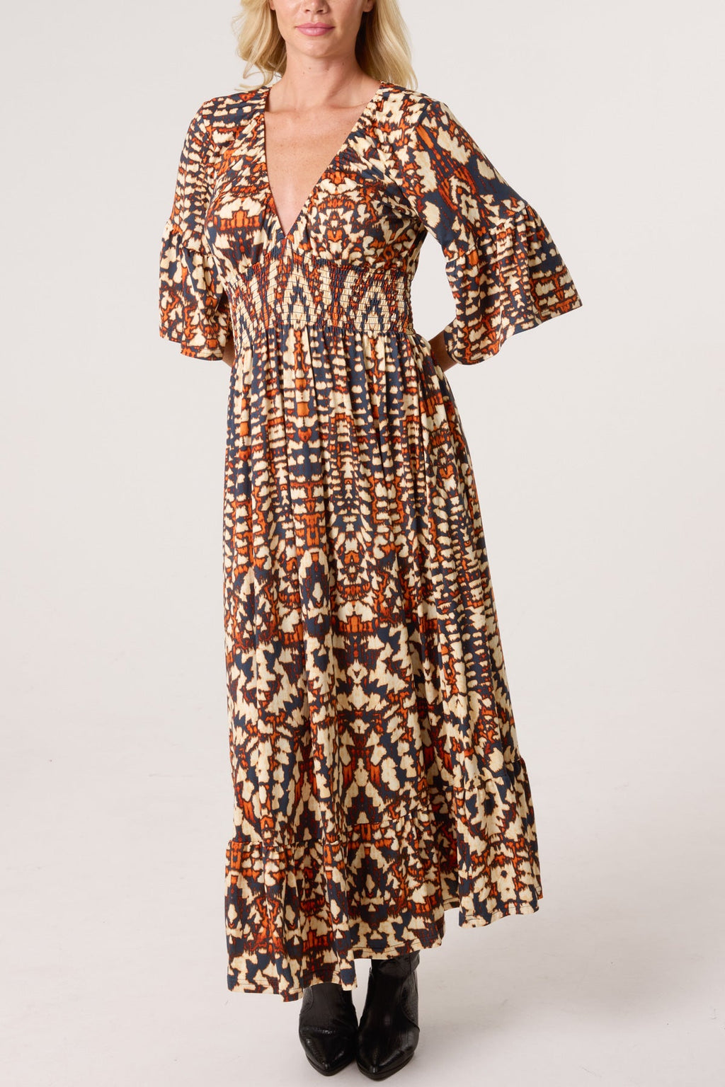 KALEIDOSCOPE PRINT SHIRRED STRETCH DRESS