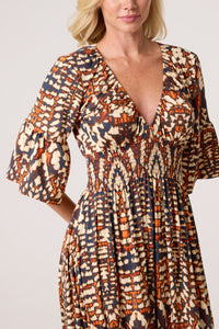 KALEIDOSCOPE PRINT SHIRRED STRETCH DRESS