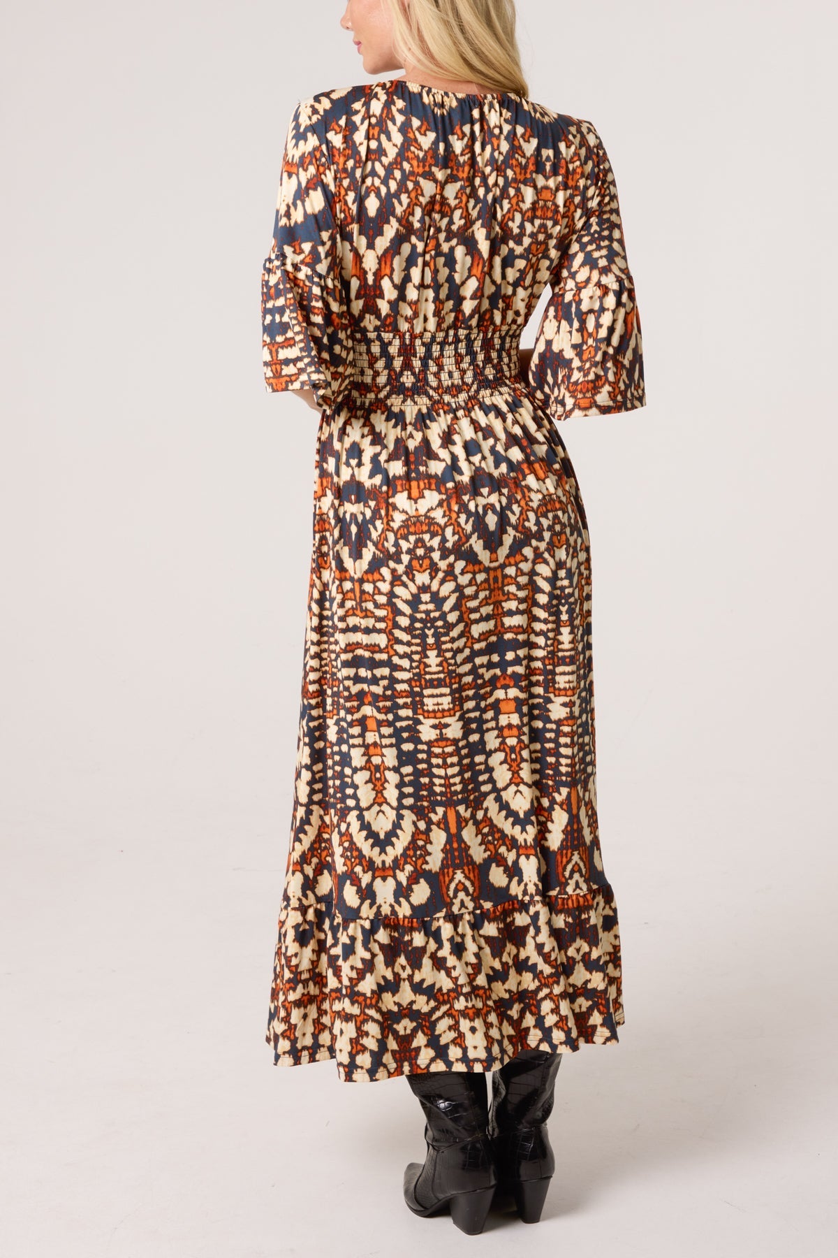 KALEIDOSCOPE PRINT SHIRRED STRETCH DRESS