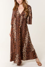 MIXED ANIMAL PRINT STRETCH SHIRRED WAIST DRESS