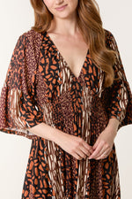 MIXED ANIMAL PRINT STRETCH SHIRRED WAIST DRESS