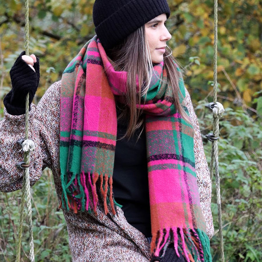 Bright pink mix check scarf with fringe 52779