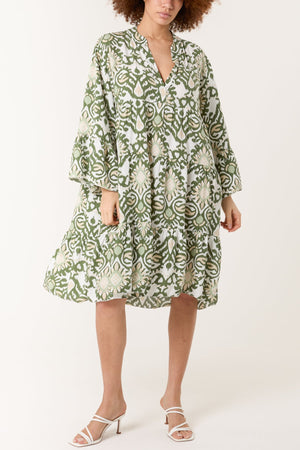 IKAT PRINT TIERED MIDI DRESS