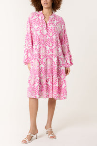 IKAT PRINT TIERED MIDI DRESS