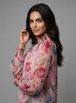 Chic Floral High-Neck Sheer Blouse