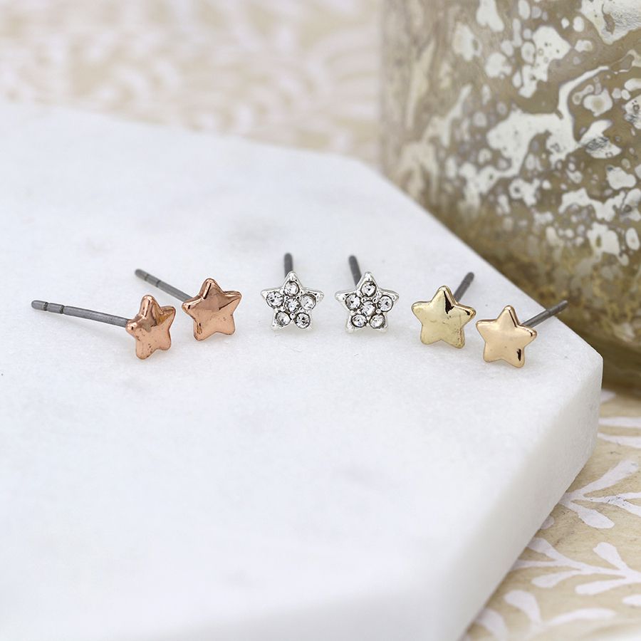 Triple star rose gold, silver and crystal earring set 3225
