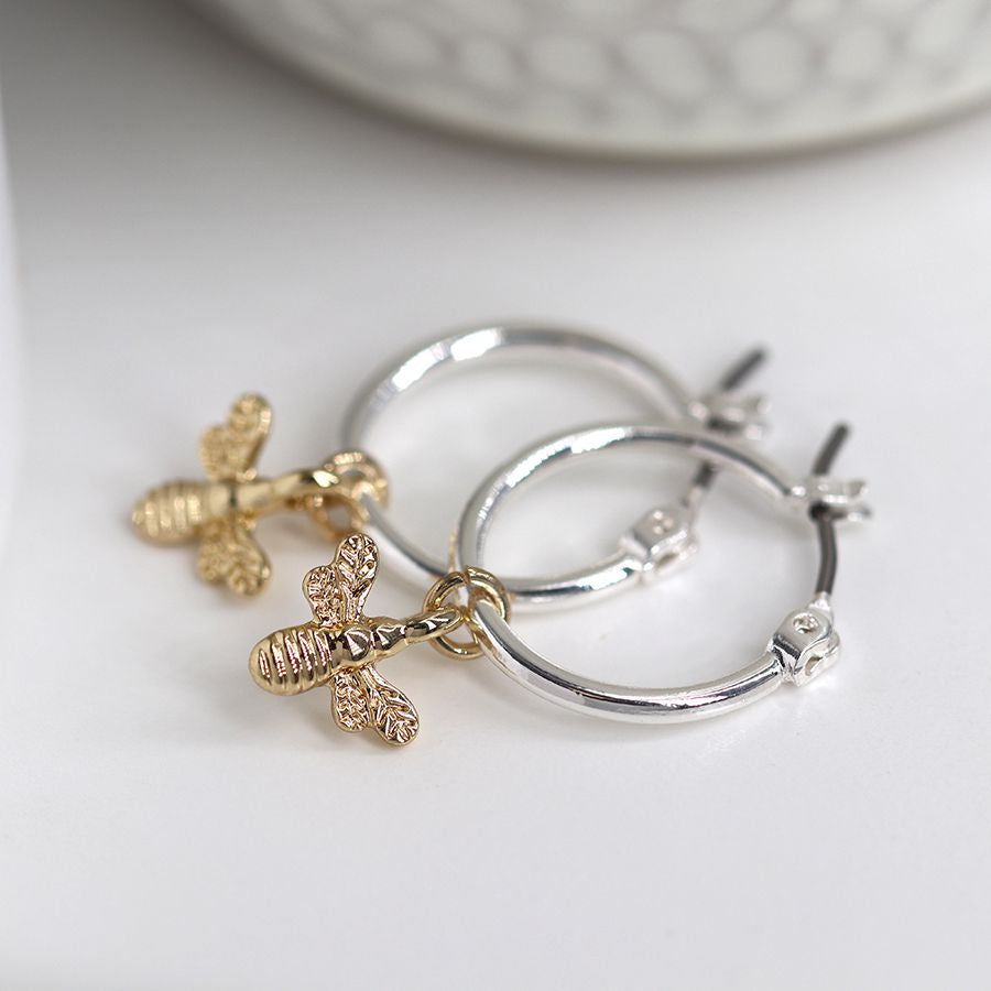 Silver plated hoop earrings with golden bee charm 3477