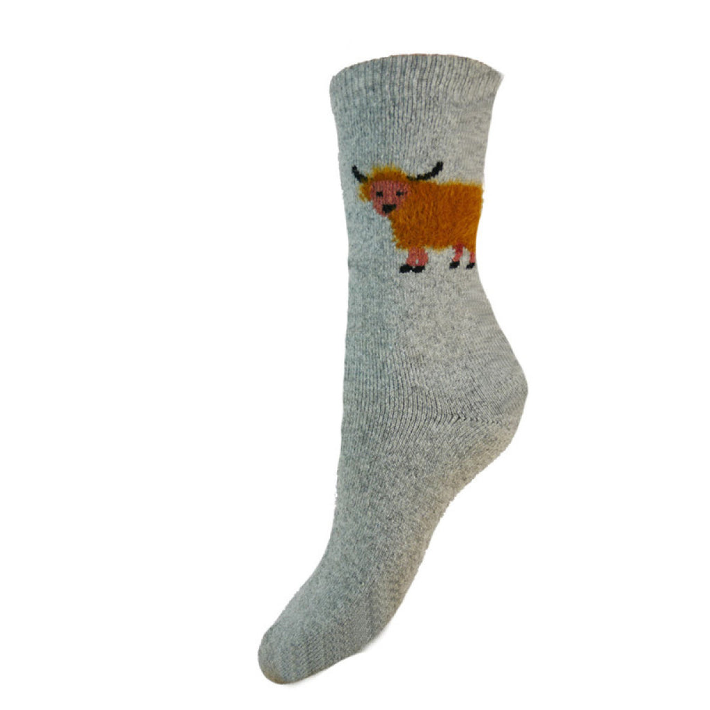 Grey Fluffy Highland Cow Wool Blend Socks Ws579