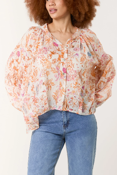 SEA PRINT BALLOON SLEEVE BLOUSE