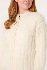 CREAM TEXTURED ZIP-THROUGH FLUFFY CARDIGAN