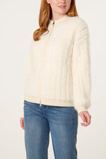CREAM TEXTURED ZIP-THROUGH FLUFFY CARDIGAN