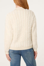 CREAM TEXTURED ZIP-THROUGH FLUFFY CARDIGAN