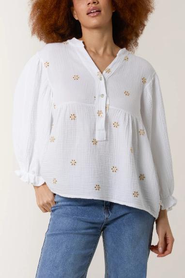 GOLD BRODERIE ANGLAISE CHEESECLOTH BLOUSE