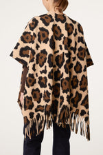 Women’s Leopard Print Cape Poncho with Fringe