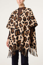 Women’s Leopard Print Cape Poncho with Fringe