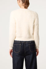 Women’s Cream Fluffy Cardigan with Multicoloured Buttons
