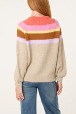 Women’s Beige Multicolour Stripe Balloon-Sleeve Jumper