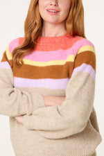 Women’s Beige Multicolour Stripe Balloon-Sleeve Jumper